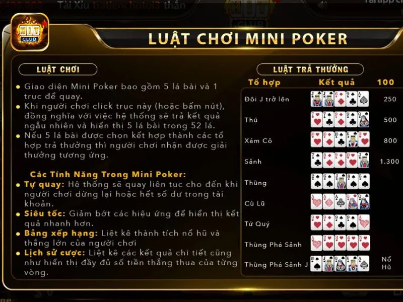 Nhiều tổ hợp trúng thưởng khi quay Mini Poker