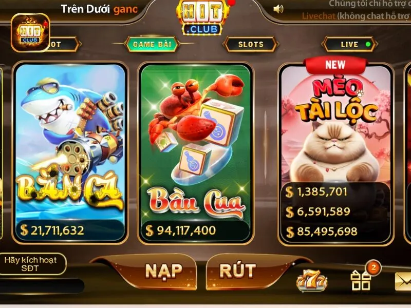 Truy cập sảnh game bài, chọn bầu cua Hit CLub 